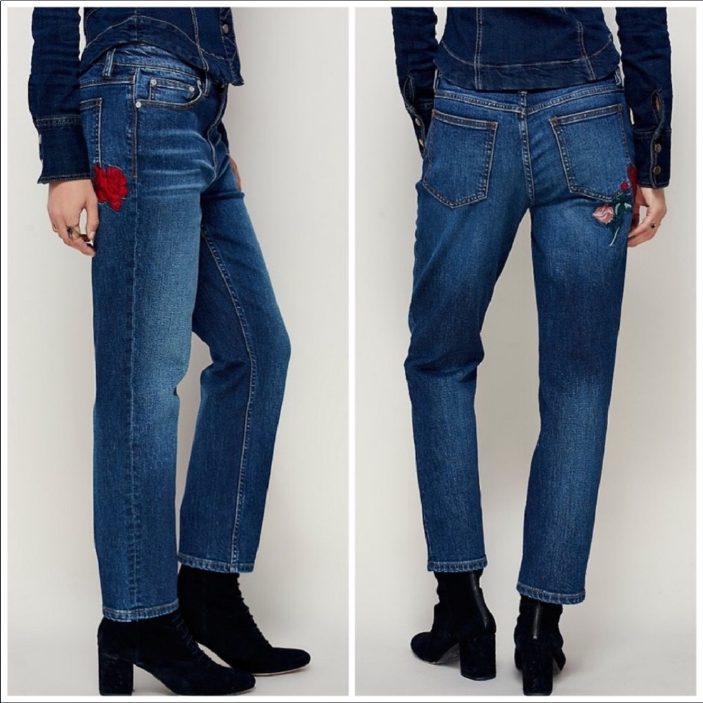 Free People Dark Blue Embroidered Skinny Jeans with Red Floral Accent
